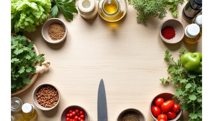 Ingrédients frais et ustensiles de cuisine disposés de manière artistique, symbolisant la personnalisation culinaire.