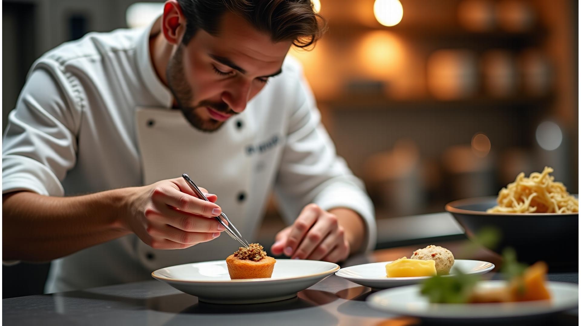 Chef pâtissier de Fleurie Saveurs décorant un dessert gastronomique complexe dans une cuisine moderne de Lyon, France.