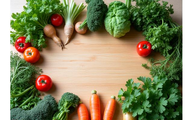 Légumes frais de saison posés sur une planche en bois.