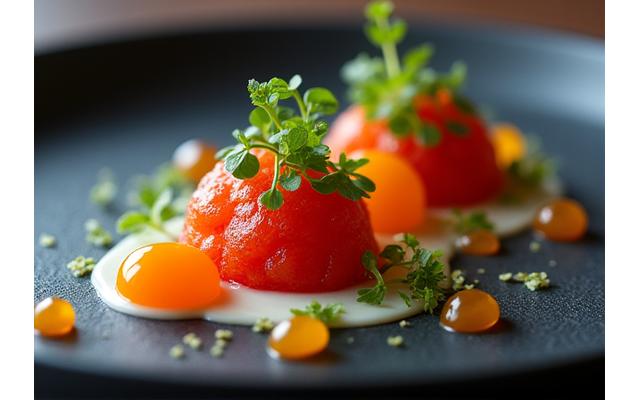 Une assiette moderne avec des éléments de cuisine tendance.