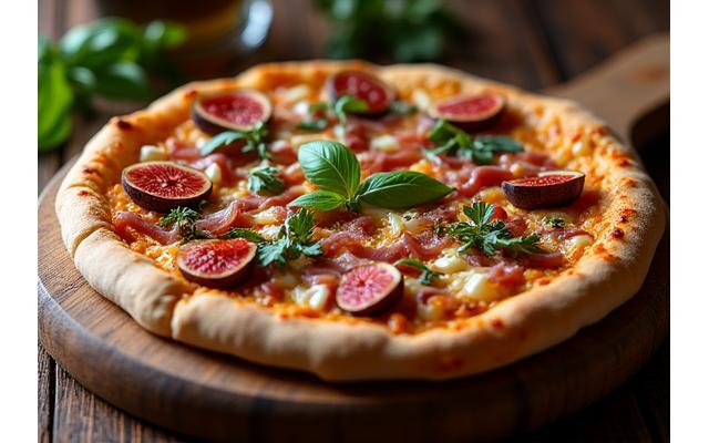 Pizza artisanale aux garnitures exotiques, un mélange de saveurs françaises et asiatiques sur une planche en bois.