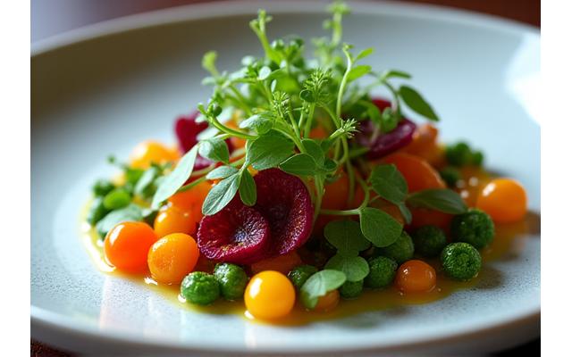 Plat végétal gastronomique coloré avec des fleurs comestibles et des sauces artistiques.